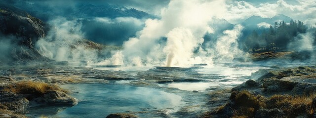 Fototapeta premium Geysers and hot springs reveal the hidden energy of geothermal activity in a breathtaking landscape