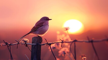 A Shrike bird perched on a fence post, its feathers a blend of soft pastel hues like pink and lavender, with a backdrop of a golden sunset.