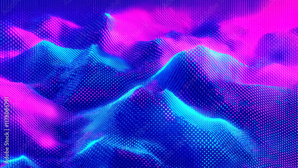 Wall mural 3d render of neon blue and purple waves with a pixelated terrain and structured grid. offers depth a