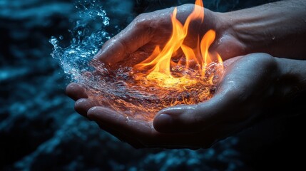 Hands gracefully balancing water and fire, symbolizing control and the fragility of elemental forces in a serene environment