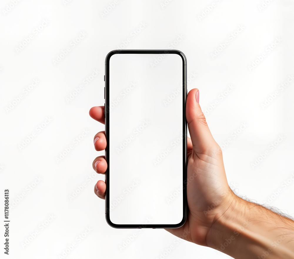 Poster Hand holds modern white smartphone. Blank screen displays space for application advertisement. Minimalist tech photo. Product mockup for new phone. Template for app design. Simple design. Isolated on