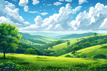 landscape illustration, high definition vector cartoon illustration of a meadow with rolling grassy slopes and clouds