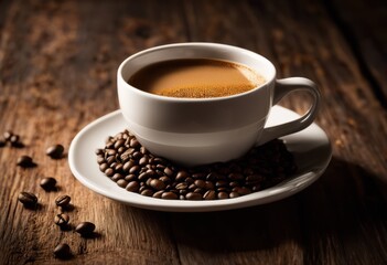 elegant coffee cup filled freshly ground beans rustic wooden table natural morning light shining through, aroma, texture, ceramic, steam, beverage, taste