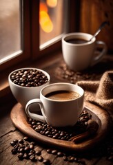 Fototapeta premium inviting coffee setup featuring steaming mug surrounded freshly roasted coffee beans cozy atmosphere, cup, espresso, latte, brew, grounds, aroma, warmth