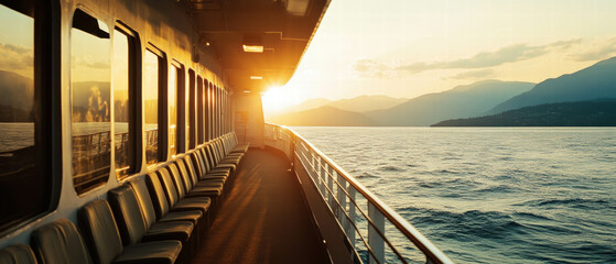 Fototapeta premium Sunset cruise with ocean breeze creating a serene atmosphere on calm waters