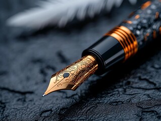 A fountain pen sitting on top of a black surface