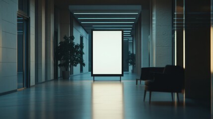 Fototapeta premium Blank billboard display along wall in office hallway. Empty lobby interior with white LCD screen floor stand for advertising. Vertical ads banner in interior, realistic 3d vector mock up