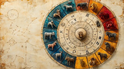 Naklejka premium Artistic Zodiac Wheel Depicting Animals of the Astrological Signs