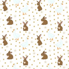 Baby pattern with bunny rabbit hare and goose on white background  © Tais