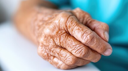 Fototapeta premium This image depicts a close-up view of a wrinkled hand resting on a surface, exemplifying the beauty and intricacy of aging, showcasing, life experience and the passage of time.