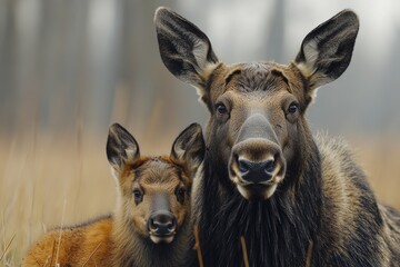 Fototapeta premium A close-up shot of two animals grazing in a green field