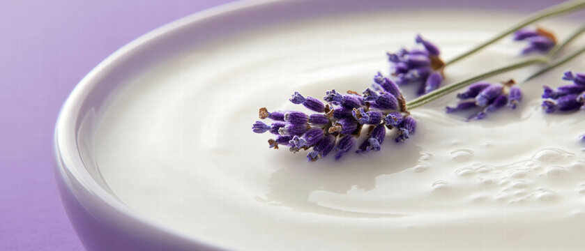 Swirling milk combined with lavender on a smooth purple background creates a calming effect