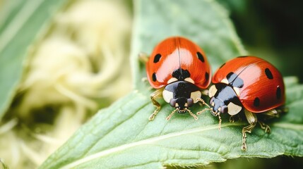 Fototapeta premium Two ladybugs sitting on the surface of a green leaf, natural habitat