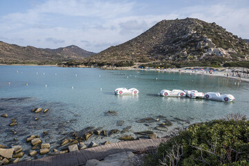Villasimius, italy - 09-03-2024: The beautiful beach of Punta Molentis in Villasimius with white sand and turquoise water