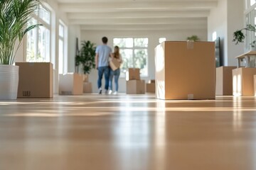 Young couple unpacking boxes in their new home. Generative AI