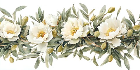 Fototapeta premium Watercolor floral border with wild peonies and olive leaves, romantic painting style, gentle color bleeding, pure white background, elegant composition