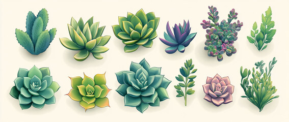 Twelve vibrant succulents and cacti in isometric view.