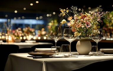 Elegant restaurant table setting with floral centerpiece.