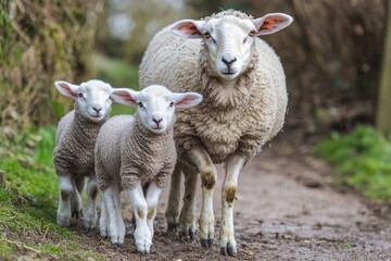 Fototapeta premium A herd of sheep walking down a dirt road