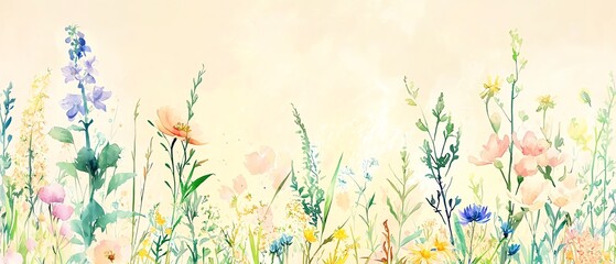 Watercolor floral border featuring wildflowers and meadow grasses, botanical illustration style, soft color blending, eggshell background, natural movement