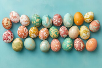 Colorful decorated eggs arranged on a bright turquoise background for Easter celebration