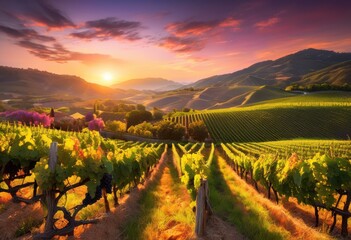 Naklejka premium breathtaking vineyard landscape awash warm sunrise light lush grapevines rolling hills under colorful sky, clouds, dawn, vineyards, fields, nature, flora