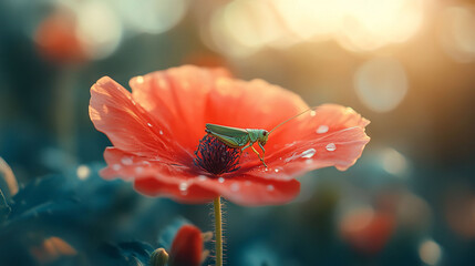 Naklejka premium Green grasshopper on a dew-covered red poppy flower at sunset.