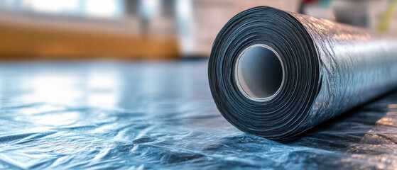 Unrolled synthetic roofing underlay on a construction site ready for installation