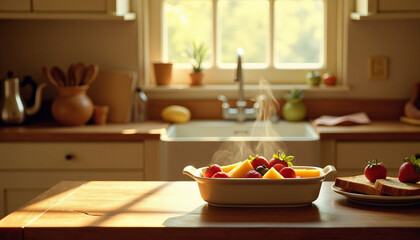 Fresh Fruit Salad with Warm Bread in Kitchen