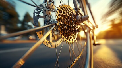 Close-up shot of bicycle gears with a blurred background, showcasing the intricate details of the cassette and spokes during sunset