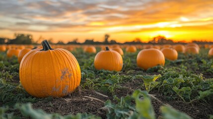 A Pumpkin Patch at Sunset Golden Hour Glow