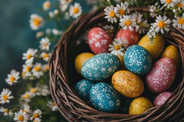Fototapeta premium Celebration of Easter with colorful decorated eggs in a woven basket surrounded by flowers