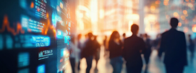 Blurred scene of people in a city looking at a digital stock market display, indicating real-time trading data with glowing numerical values.
