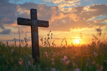 Easter celebration at sunset with a wooden cross surrounded by blooming flowers