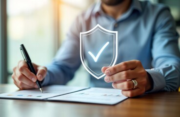 Man signs life insurance investment documents. Holds translucent shield graphic. Pro adviser handles financial security for client. Investment contract details secure property, family. Real estate,