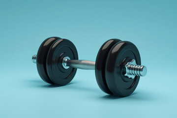 Black and silver dumbbell is on a blue background.