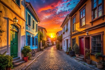 Fototapeta premium Silhouette Photography: Colorful Bozcaada Street, Canakkale, Turkey - Narrow Alleyway Sunset