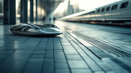 A close-up of a futuristic maglev train on a sleek platform with modern architecture in the background
