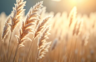 Fototapeta premium Fluffy pampas grass sways gently in warm sunlight. Golden light highlights soft textures. Natural beauty. Calm, peaceful scene. Bokeh effect. Dry reeds. Soft natural background. Relaxing atmosphere.