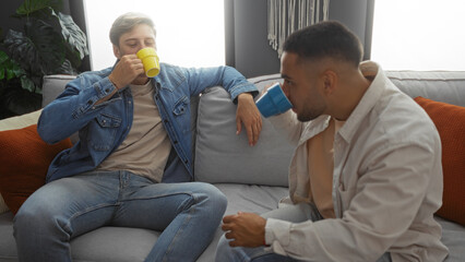 Men friends sitting on a living room sofa drinking coffee and talking in a cozy apartment