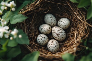 Obraz premium Nest with speckled eggs among green foliage in a tranquil natural setting