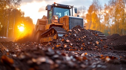 Powerful Bulldozer Moves Earth at Sunset