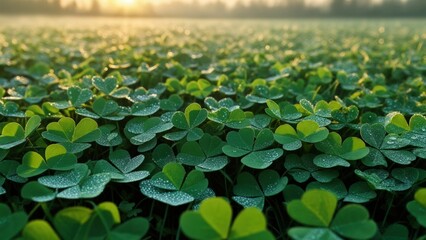 Morning dew glistens on a field of clovers at sunrise in a serene landscape