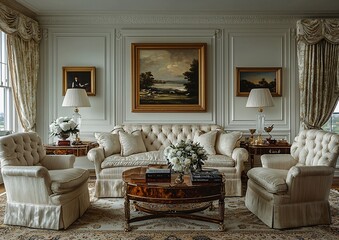 Elegant living room with cream sofa, armchairs, and classic decor.