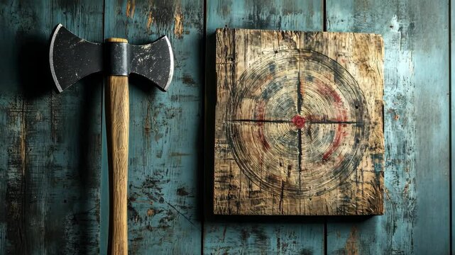 Axe rests against rustic wooden target board with striking marks from previous throws, Axe leaning on wooden target board with marks rustic background
