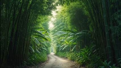 Fototapeta premium Lush bamboo forest pathway surrounded by vibrant greenery in soft morning light