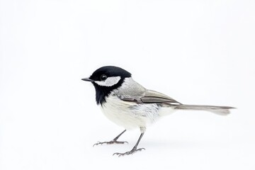 A black and white bird stands in the snowy landscape, its feathers fluffed up against the cold