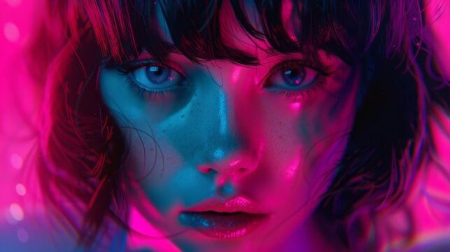 Stunning 2D cartoon illustration of an anime girl featuring vaporwave and synthwave styles with vibrant chromosaturation and neon hues perfect for stickers or t shirts in a cyberpunk theme