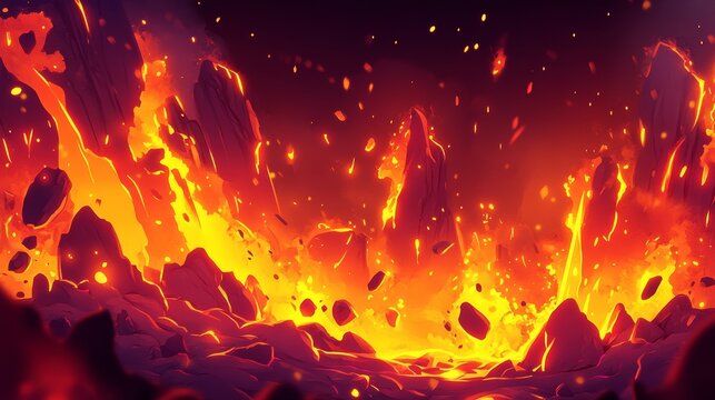 Lava splash, vfx game video effect. Cartoon 2d liquid fire drops, yellow flow and swirls design elements, explosion, burst, boom, spatter blast, drip or ripple dynamic animation motion, Vector set