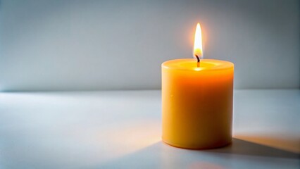 Single Burning Candle Flame on White Background - Peaceful Spiritual Stock Photo